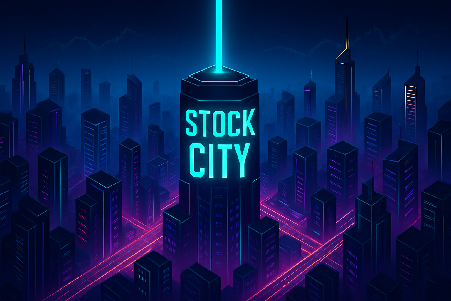 Stock City — the neon city with the exchange tower at its center