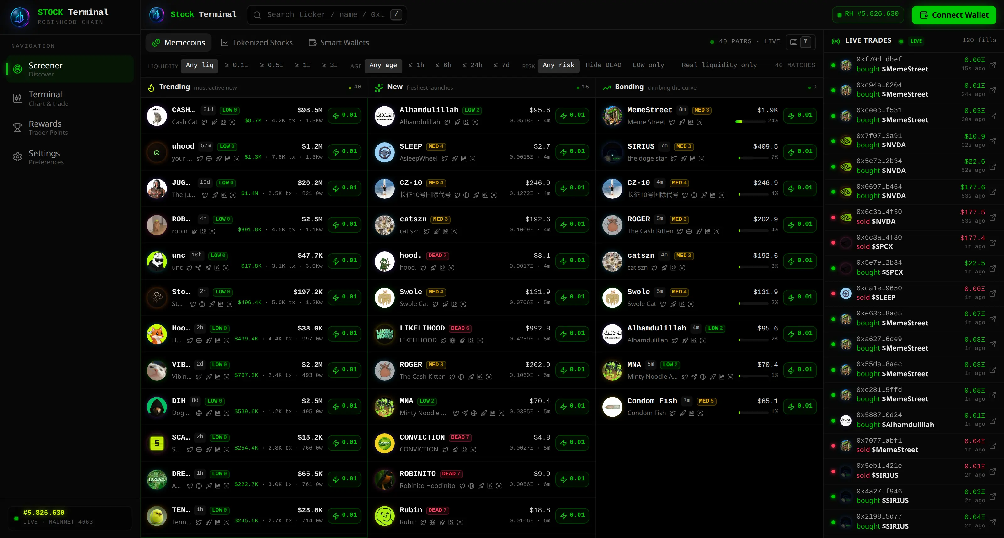 Stock Terminal screener — the live memecoin board with Trending, New and Bonding columns of real Noxa launches, each rug-scored LOW, MED or DEAD, a filter bar for liquidity, age and risk, and a live on-chain trade tape on the right